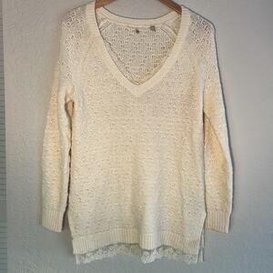 Anthropologie Knitted Knotted Lace V Neck Ivory Sweater Soft Girl Cozy Cottage